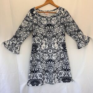 Michell Parisou Nautical Dress Sz XS 3/4 Bell Sleeve Stretch Resort Quiet Luxury